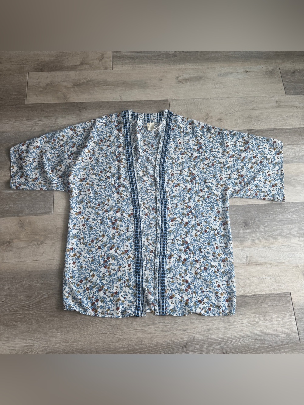 Japna Blue White Floral Mix Kimono Open Front Lightweight Boho Indie Navy Trim L